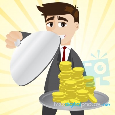 Cartoon Businessman Showing Gold Coin In Tray Stock Image