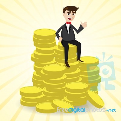 Cartoon Businessman Sitting On Stack Of Gold Coin Stock Image