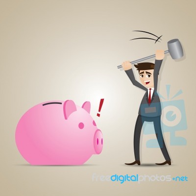 Cartoon Businessman Smashed Piggy Bank Stock Image