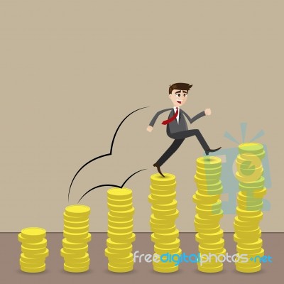 Cartoon Businessman Step On Stack Of Coin Stock Image