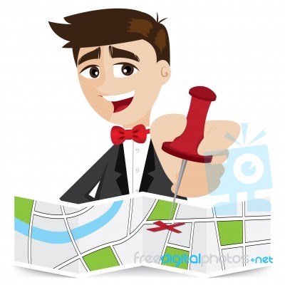 Cartoon Businessman Sticky Pin On Map Stock Image