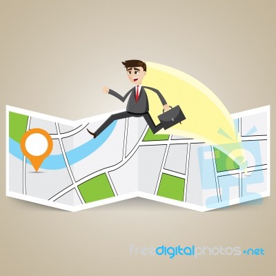 Cartoon Businessman Travel Over Map To Destination Stock Image