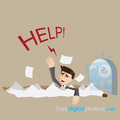 Cartoon Businessman Under Pile Of Paper In Graveyard Stock Image