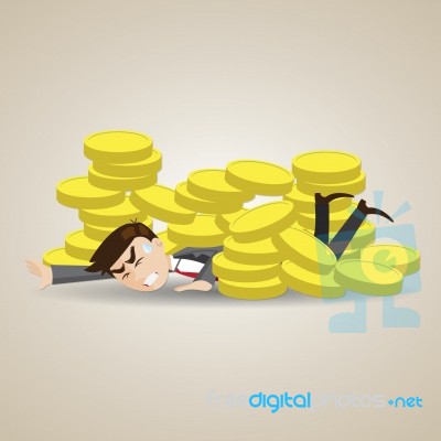 Cartoon Businessman Under Stack Of Gold Coin Stock Image