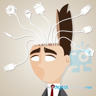 Cartoon Businessman With Connecting Cable In His Head Stock Image