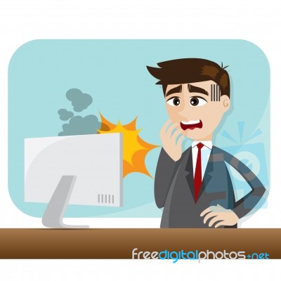 Cartoon Businessman With Error Computer Stock Image