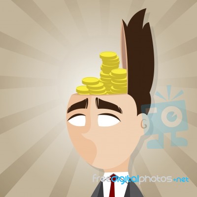 Cartoon Businessman With Gold Coin In His Head Stock Image