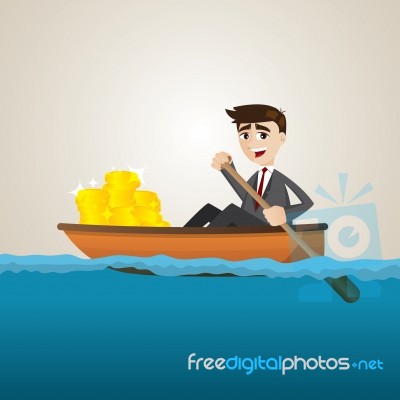 Cartoon Businessman With Gold Coin On Ship Stock Image