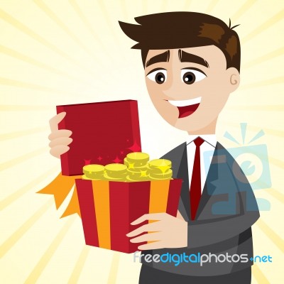 Cartoon Businessman With Gold Coins In Gift Box Stock Image