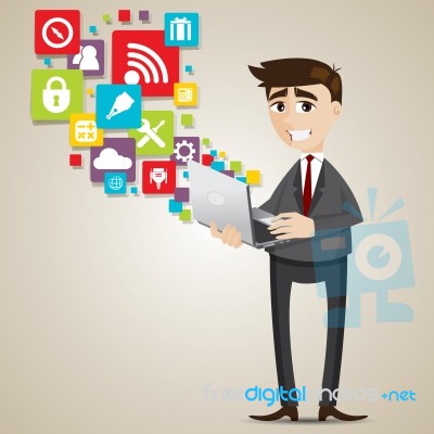 Cartoon Businessman With Laptop And Icon Stock Image