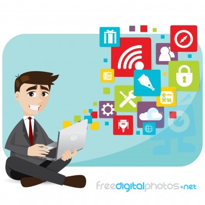 Cartoon Businessman With Laptop And Icon Stock Image