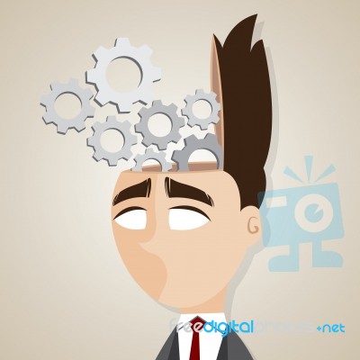 Cartoon Businessman With Mechanical Brain Stock Image