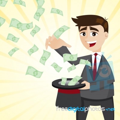 Cartoon Businessman With Money From Magician Hat Stock Image