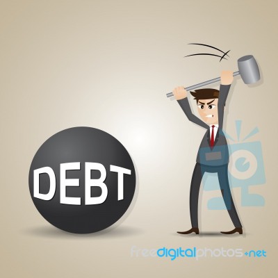 Cartoon Businessman With Steel Hammer And Debt Stock Image