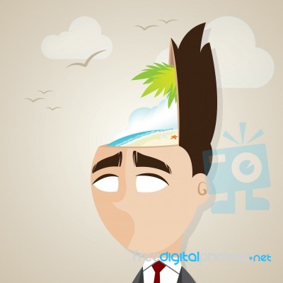 Cartoon Businessman With Summer Beach In His Head Stock Image