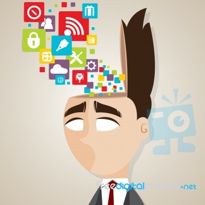 Cartoon Businessman With Technology Icons In His Head Stock Image