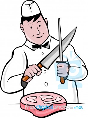 Cartoon Butcher Knife Sharpening Meat Stock Image