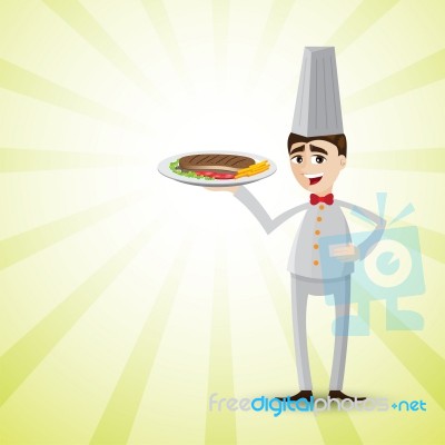 Cartoon Chef With Dish Of Steak Stock Image