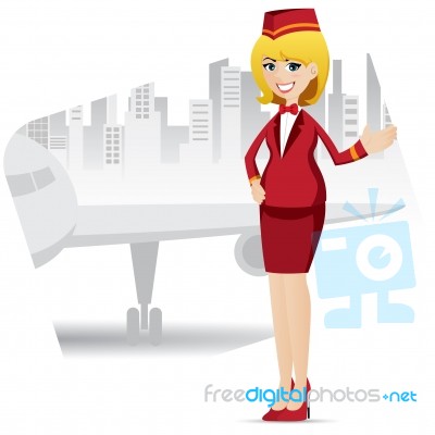 Cartoon Cute Air Hostess With Airport Background Stock Image