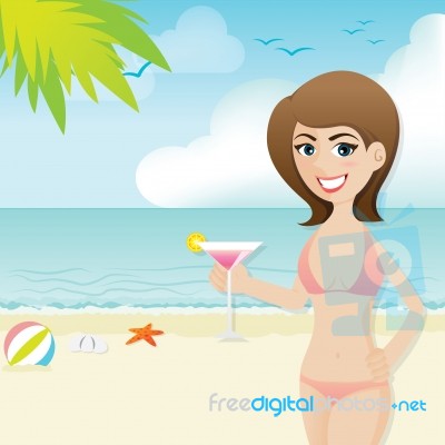 Cartoon Cute Girl On The Beach With Cocktail Stock Image