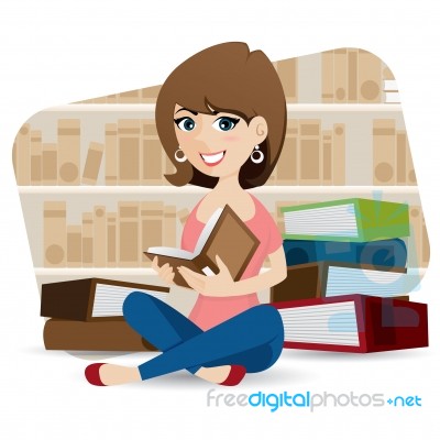 Cartoon Cute Girl Reading Book In Library Stock Image