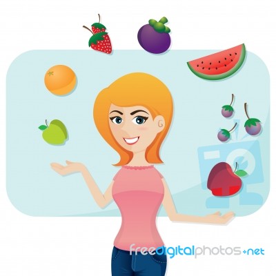 Cartoon Cute Girl With Fruits Stock Image