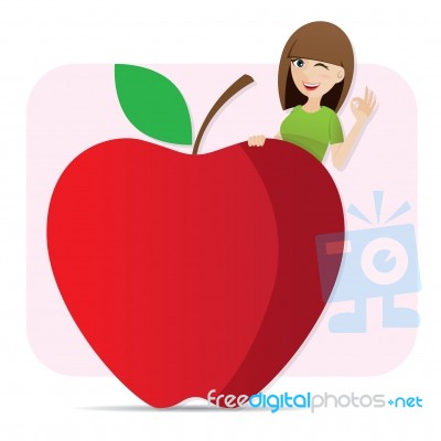 Cartoon Cute Girl With Red Apple Stock Image