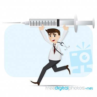 Cartoon Doctor Carrying Big Syringe Stock Image