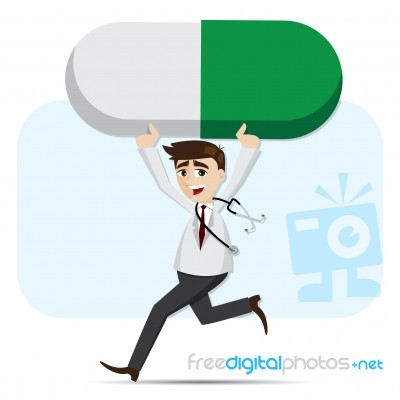 Cartoon Doctor Carrying Medicine Pill Stock Image