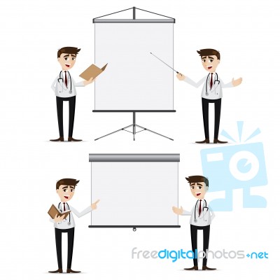 Cartoon Doctor Presentation With Blank Board Set Stock Image