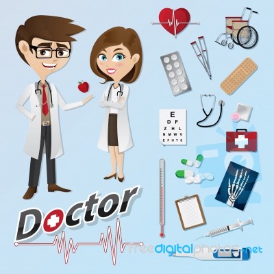 Cartoon Doctor With Medical Instruments Stock Image