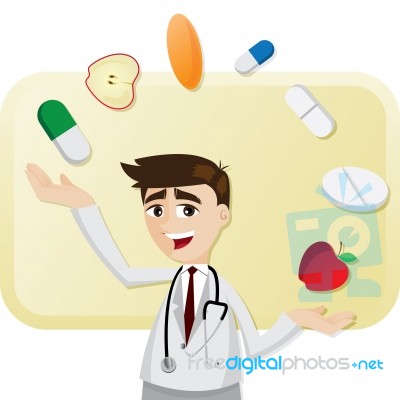 Cartoon Doctor With Medicine Juggling Stock Image