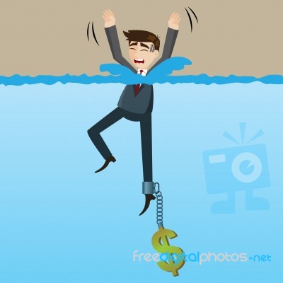 Cartoon Drowning Businessman With Money Chain On His Leg Stock Image