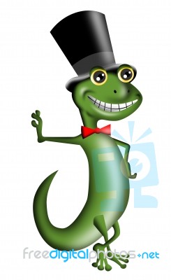 Cartoon Gecko With Top Hat And Bow Tie Standing Stock Image