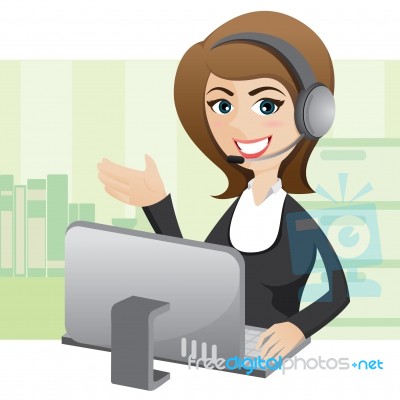 Cartoon Girl Callcenter With Computer Stock Image