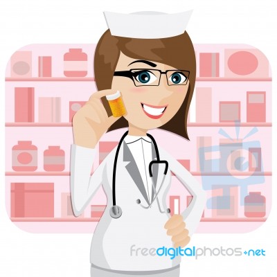 Cartoon Girl Pharmacist Showing Medicine Bottle Stock Image