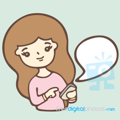 Cartoon Girl Using A Smart Phone With Bubble Space For Your Text… Stock Image