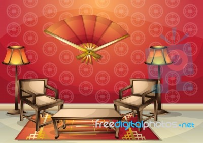 Cartoon  Illustration Interior Chinese Room With Separated Layers Stock Image