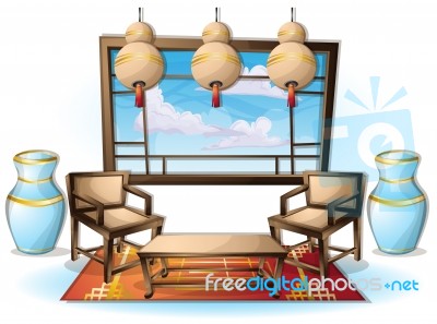 Cartoon  Illustration Interior Chinese Room With Separated Layers Stock Image