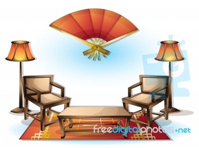 Cartoon  Illustration Interior Chinese Room With Separated Layers Stock Image