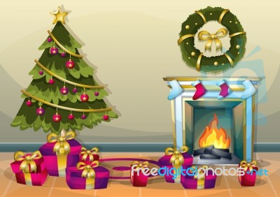 Cartoon  Illustration Interior Christmas Room With Separated Layers Stock Image