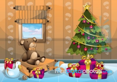 Cartoon  Illustration Interior Christmas Room With Separated Layers Stock Image