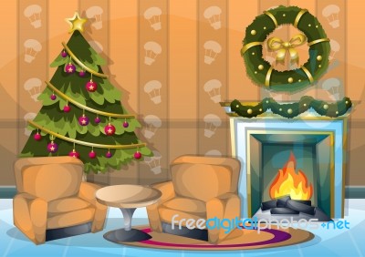 Cartoon  Illustration Interior Christmas Room With Separated Layers Stock Image