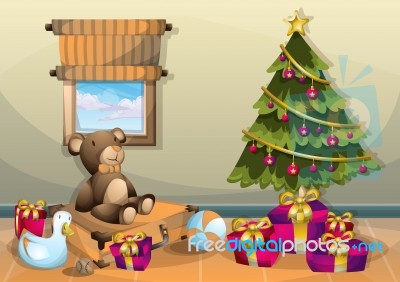 Cartoon  Illustration Interior Christmas Room With Separated Layers Stock Image