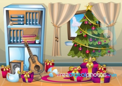 Cartoon  Illustration Interior Christmas Room With Separated Layers Stock Image