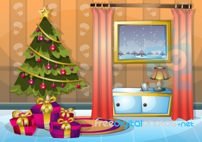 Cartoon  Illustration Interior Christmas Room With Separated Layers Stock Image