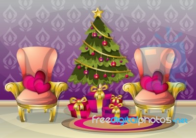 Cartoon  Illustration Interior Christmas Room With Separated Layers Stock Image