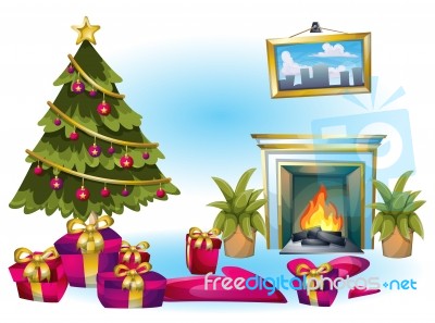 Cartoon  Illustration Interior Christmas Room With Separated Layers Stock Image