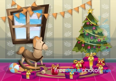 Cartoon  Illustration Interior Christmas Room With Separated Layers Stock Image