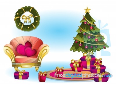 Cartoon  Illustration Interior Christmas Room With Separated Layers Stock Image